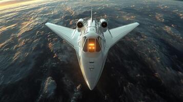 A sleek spaceplane equipped with two powerful engines ascends into the hypersonic stratosphere, demonstrating groundbreaking aerospace technology designed for future space exploration. photo