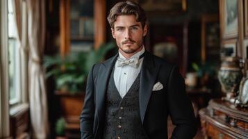 A well-groomed man in a stylish tuxedo stands proudly in an opulent room filled with antique furniture and soft, ambient light streaming through the windows, showcasing sophistication. photo