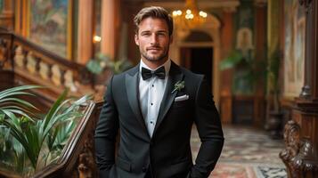 A well-dressed man in a tuxedo poses confidently in a lavish location adorned with elegant architecture and greenery, suggesting a formal event or celebration. photo
