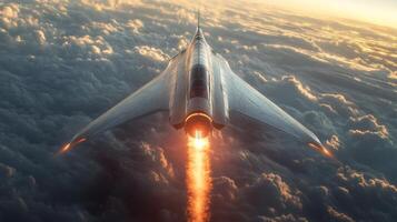 A futuristic spaceplane ignites its rocket engines, ascending through clouds as it demonstrates innovative propulsion capabilities during a hypersonic launch test in the evening sky. photo