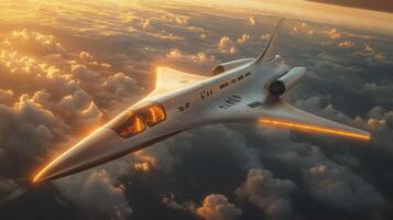 A futuristic spaceplane glides gracefully through the clouds during a vibrant sunset. Its sleek design highlights innovations in hypersonic and electromagnetic propulsion. photo