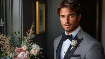 A groom stands confidently beside a beautiful flower arrangement, dressed in a sharp tuxedo with a bow tie. The luxurious backdrop suggests a wedding or formal celebration. photo