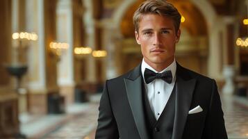 A well-dressed man in a classic tuxedo stands confidently in an opulent hall featuring intricate architecture and warm lighting. The setting suggests a formal evening occasion. photo