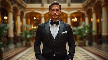 A young man dressed in a tuxedo exudes sophistication in a lavish hall filled with ornate architecture and soft lighting, perfect for a formal gathering. photo