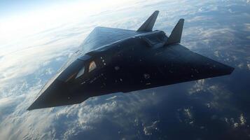 A futuristic spaceplane takes off with powerful propulsion systems, soaring high above the planet while demonstrating cutting edge aerospace technology against a bright blue sky. photo