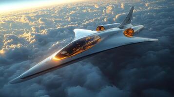 An advanced airlaunch spaceplane glides gracefully above the clouds at sunset, highlighting its innovative design and potential for hypersonic spaceflight propulsion technologies. photo