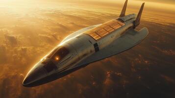 A futuristic spaceplane glides through the atmosphere during sunset, demonstrating cutting edge propulsion technology designed for hypersonic travel and aerospace innovation. photo