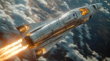 A futuristic spaceplane ignites its engines, producing a powerful thrust as it ascends through the clouds, showcasing advancements in aerospace propulsion technology and hypersonic flight. photo