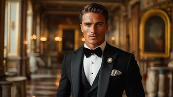 A well-dressed man poses in a sophisticated tuxedo, surrounded by opulent architecture and soft lighting. The atmosphere exudes elegance and grandeur. photo