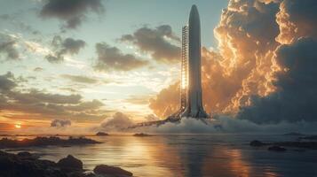 A rocket prepares for launch against a backdrop of colorful clouds and sunset, showcasing innovation in spaceflight and hypersonic propulsion technologies near the ocean. photo