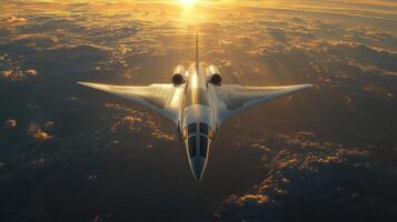A hypersonic spaceplane ascends through the atmosphere during dawn, showcasing cutting edge propulsion technology and design in aerospace innovation and spaceflight advancements. photo