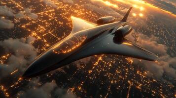 A futuristic hypersonic spaceplane ascends from an airlaunch pad, soaring above a cityscape adorned with shimmering lights as the sun sets, showcasing advancements in aerospace technology. photo