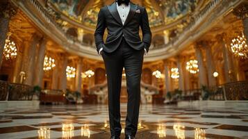 A well-dressed individual showcases elegance in a posh venue. The grand architecture, chandeliers, and polished floor create an atmosphere of sophistication and opulence. photo