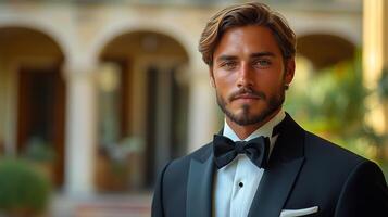 A well-groomed man wearing a formal tuxedo poses with confidence at a sophisticated outdoor location. Sunshine brightens the elegant setting, creating a warm atmosphere. photo