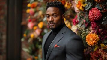 A man exudes confidence while dressed in a tailored suit and turtleneck, standing in front of a colorful floral arrangement at a fashionable event in an urban environment. photo