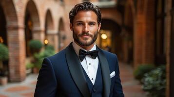 A well-groomed man wearing a tailored tuxedo poses with confidence in an upscale venue. Elegant archways and soft lighting create a sophisticated atmosphere for social gatherings. photo