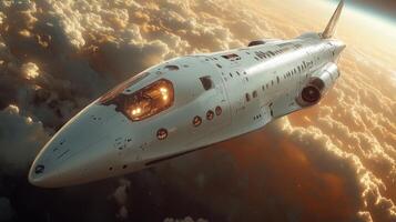A state of the art spaceplane demonstrates advanced propulsion technology while ascending through the clouds in a hypersonic flight test over a vibrant atmosphere. photo