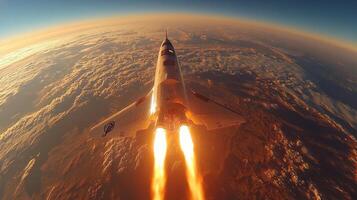 A rocket ascends from the Earth into the atmosphere, showcasing powerful propulsion and hypersonic capabilities. The scenic view captures the vast landscape below and the expansive blue sky. photo