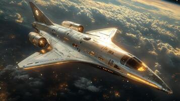 An advanced spaceplane is captured soaring through the atmosphere, displaying innovative propulsion systems against a dramatic backdrop of clouds and distant planetary bodies. photo