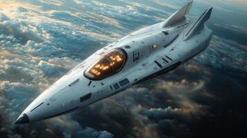 A cutting edge spaceplane is depicted in a hypersonic launch, soaring gracefully above the cloud layer, highlighting modern aerospace engineering and electromagnetic propulsion. photo