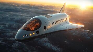 A futuristic spaceplane glides through the atmosphere at dawn, showcasing advanced propulsion systems. Its sleek design reflects sunlight as mountains create a dramatic backdrop. photo