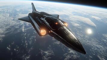 A futuristic spaceplane glides through the upper atmosphere, showcasing its cutting edge design and propulsion technology in a groundbreaking aerospace test. photo