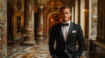 A stylishly dressed man in a tuxedo poses in an ornate corridor of a grand palace. The lavish architecture showcases intricate details and warm lighting, creating an inviting atmosphere. photo