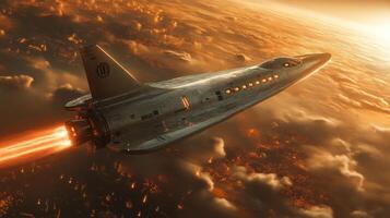A sleek spaceplane propels through the atmosphere with bright jets of propulsion as the sun sets, casting warm tones over the clouds and vibrant Earth's surface below. photo