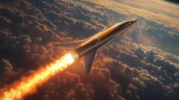 A rocket accelerates into the atmosphere, producing a brilliant plume of flames as it ascends toward the edge of space, showcasing advancements in aerospace technology and hypersonic flight. photo