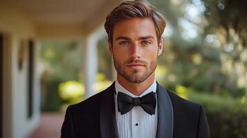 A young man dressed in a classic tuxedo stands confidently outside, surrounded by lush greenery. Sunlight highlights his stylish look and relaxed demeanor, creating an inviting atmosphere. photo