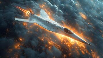 A futuristic spaceplane demonstrates its advanced propulsion system, igniting in a fiery display as it ascends into the clouds, showcasing the next era of aerospace technology. photo