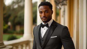 A well-dressed man stands with poise, wearing a tailored suit and bow tie. He is in front of a magnificent building adorned with columns, set against a lush garden backdrop. photo