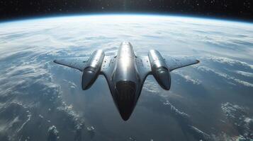 A sleek spaceplane soars high above the Earth's surface, showcasing cutting edge propulsion systems and innovative aerospace technology while gliding against a backdrop of the cosmos. photo
