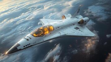A sleek spaceplane ascends through the clouds, powered by cutting edge propulsion systems designed for hypersonic travel, showcasing innovations in aerospace technology. photo