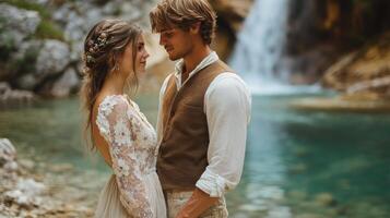 A young couple stands close by a tranquil waterfall, gazing into each other's eyes. Bathed in soft natural light, they exude warmth and love, immersed in a picturesque landscape. photo