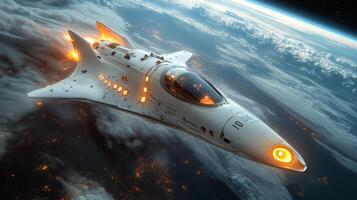 An advanced spaceplane is seen soaring through the Earth's atmosphere, powered by innovative propulsion systems and igniting hypersonic speeds. The background features clouds over a lit landscape. photo