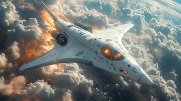 A sleek spaceplane ignites its engines, soaring through clouds while demonstrating cutting edge propulsion technology and innovation in aerospace travel, capturing a moment of hypersonic flight. photo