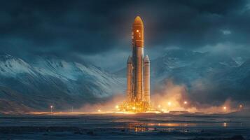 A large rocket stands poised for launch against a backdrop of mountains as dawn breaks, highlighting advancements in aerospace propulsion and hypersonic capabilities. photo