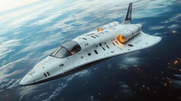 A cutting edge spaceplane equipped with advanced propulsion systems is soaring through the atmosphere at hypersonic speeds. photo