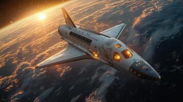 A spaceplane is soaring through the atmosphere, engaged in hypersonic flight as the sun rises, casting an orange glow across the clouds and highlighting its advanced design. photo