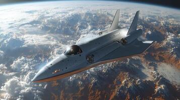 A cutting edge rocket spaceplane demonstrates its hypersonic capabilities as it glides through the upper atmosphere, showcasing advancements in aerospace technology and propulsion systems. photo