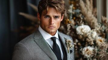 A young man showcases his polished look in a tailored suit, standing in front of a stunning arrangement of dried flowers. The atmosphere is sophisticated and inviting. photo