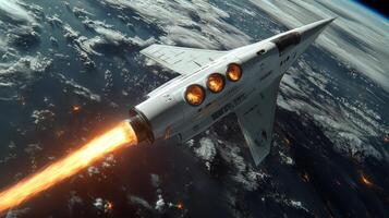 A cutting edge spaceplane utilizing electromagnetic propulsion soars through the atmosphere, igniting powerful engines while leaving a fiery trail, showcasing aerospace innovation. photo
