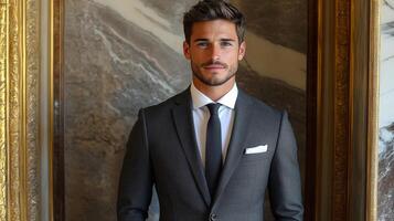 A stylish man dressed in a well-fitted grey suit and a black tie poses confidently. He has a neatly trimmed beard and stands against a luxurious marble wall, showcasing sophistication and charm. photo