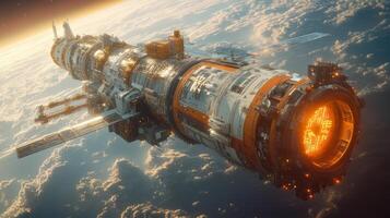 This futuristic spacecraft, equipped with electromagnetic propulsion, is positioned above Earth, highlighting advancements in aerospace technology and innovation in space exploration. photo