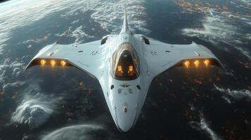 This spaceplane is in a hypersonic launch phase above Earth, demonstrating advanced propulsion systems and aerodynamic design, with lights glowing against the backdrop of the planet. photo