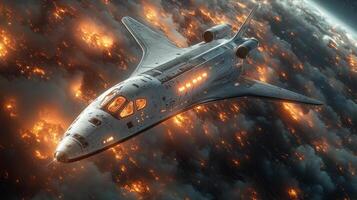 A cutting edge spaceplane soars through the atmosphere, navigating over a dramatic, fiery landscape, showcasing advanced propulsion technology and aerospace innovation. photo