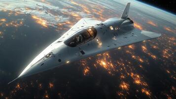 A futuristic spaceplane equipped with cutting edge propulsion technology ascends into the atmosphere, illuminated by city lights below. The vehicle signifies advancements in hypersonic aerospace. photo