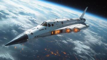 A cutting edge spaceplane demonstrates advanced hypersonic flight and propulsion technology as it soars through the upper atmosphere above a glowing Earth, showcasing aerospace advancements. photo