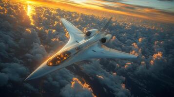 A sleek spaceplane ascends gracefully above the clouds, illuminated by a stunning sunset, showcasing advanced aerospace technology and propulsion systems in action. photo